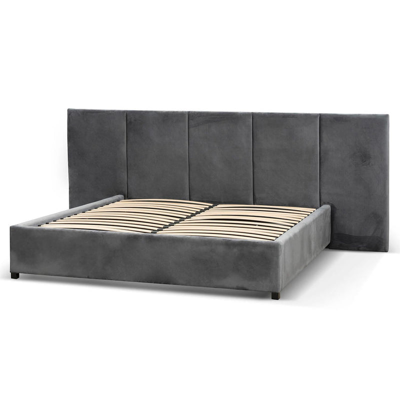 Queen Bed Frame - Charcoal Velvet with Storage