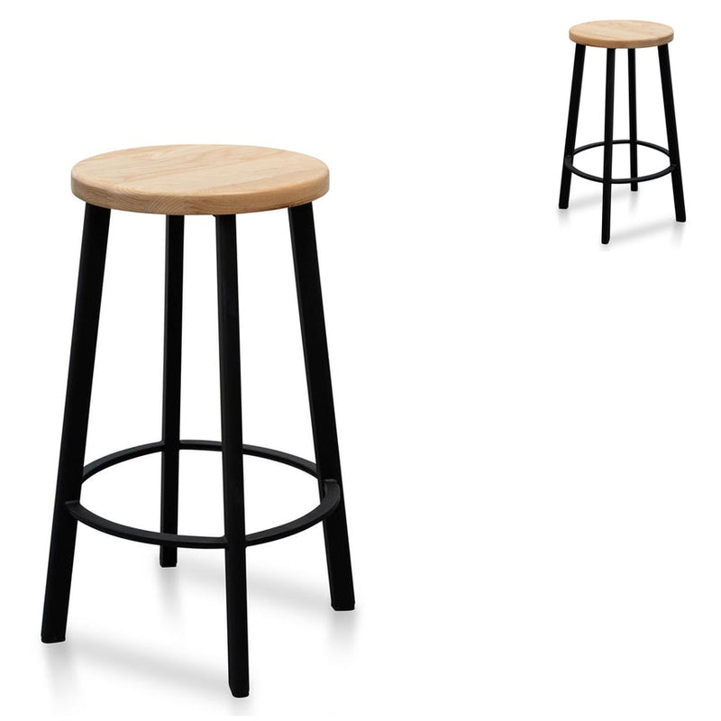 65cm Bar Stool -With Natural Timber Seat - Black Frame (Set of 2)