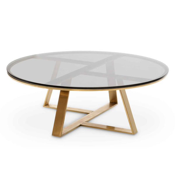 100cm Round Grey Glass Coffee Table - Gold Base