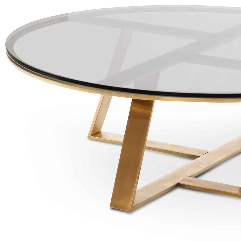 100cm Round Grey Glass Coffee Table - Gold Base