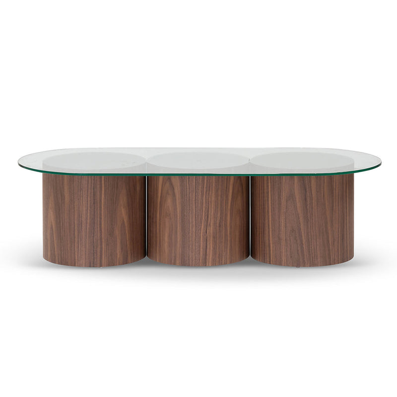 1.4m Oval Glass Coffee Table - Walnut