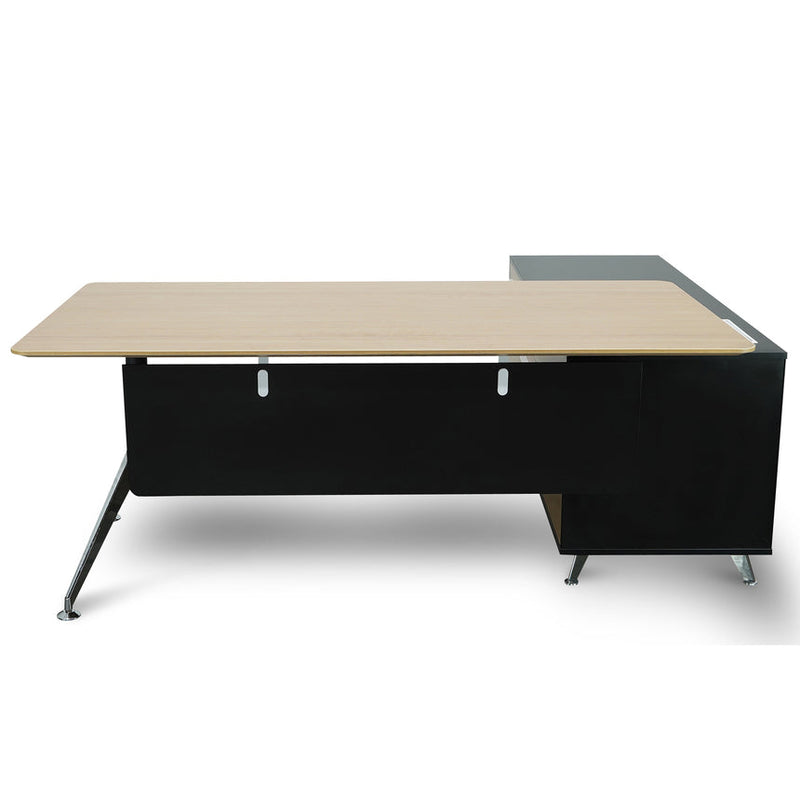 1.95m Executive Desk Right Return - Black Frame with Natural Top and Drawers