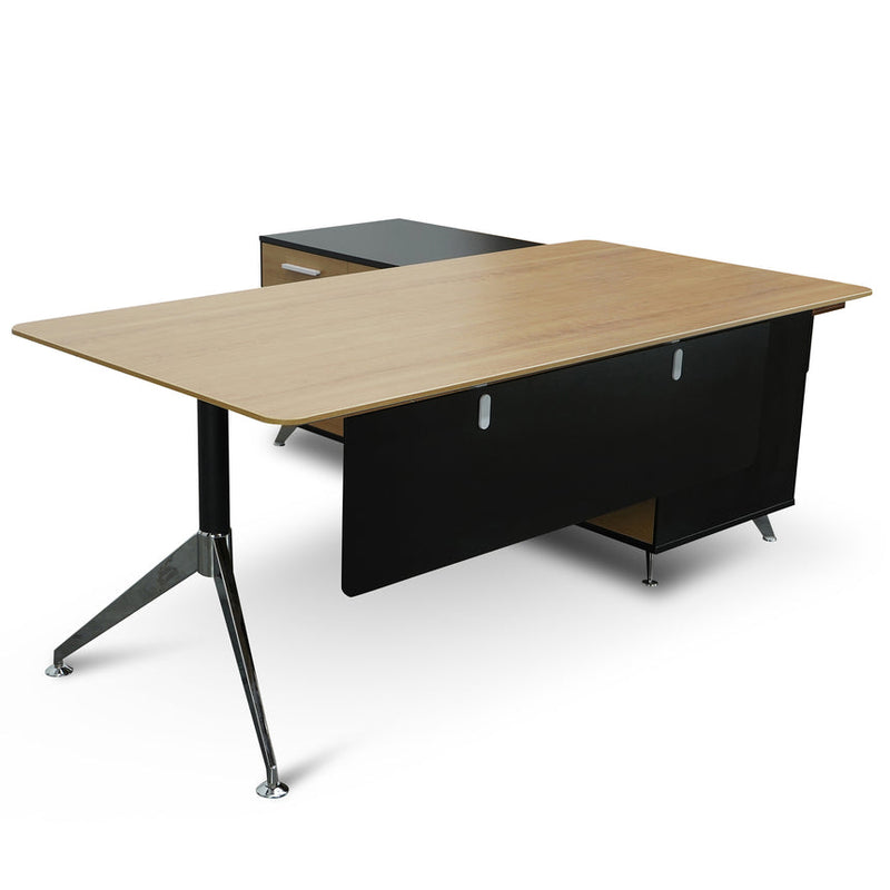 1.95m Executive Desk Right Return - Black Frame with Natural Top and Drawers