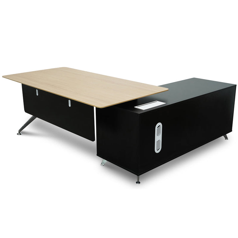 1.95m Executive Desk Right Return - Black Frame with Natural Top and Drawers