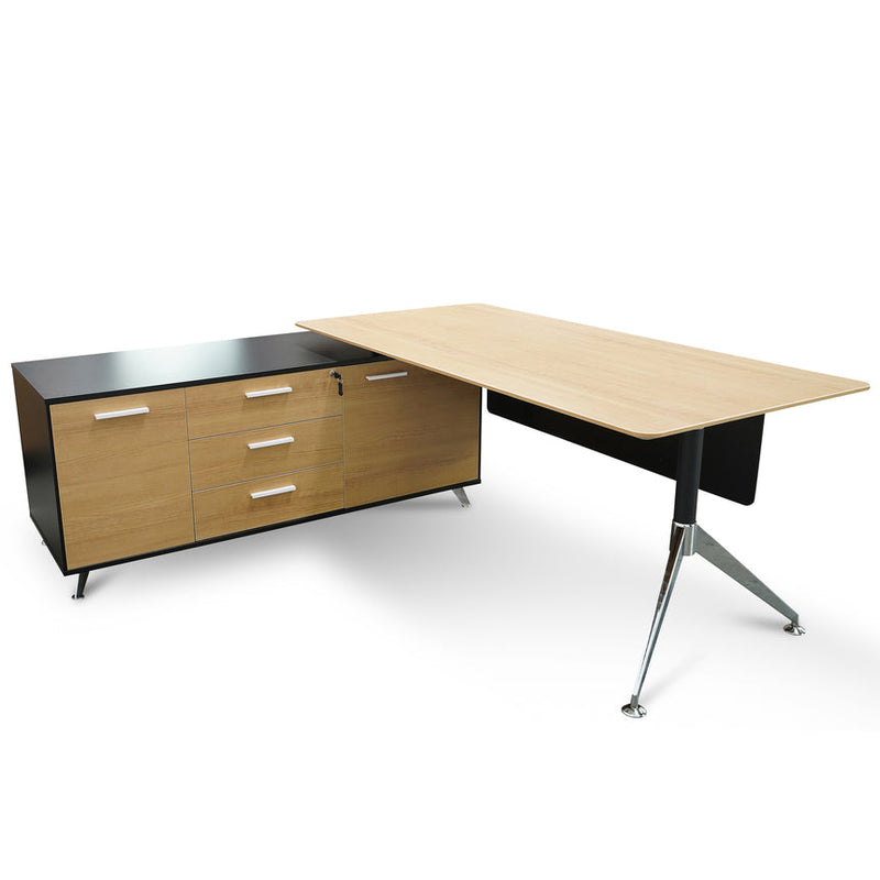 1.95m Executive Desk Right Return - Black Frame with Natural Top and Drawers