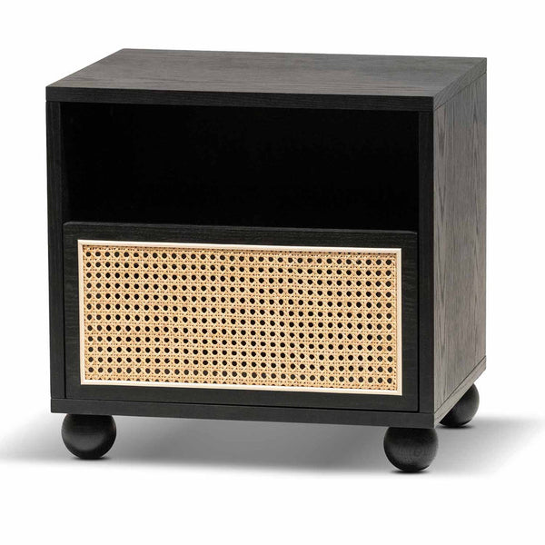 Wooden Side Table with Rattan Front - Black