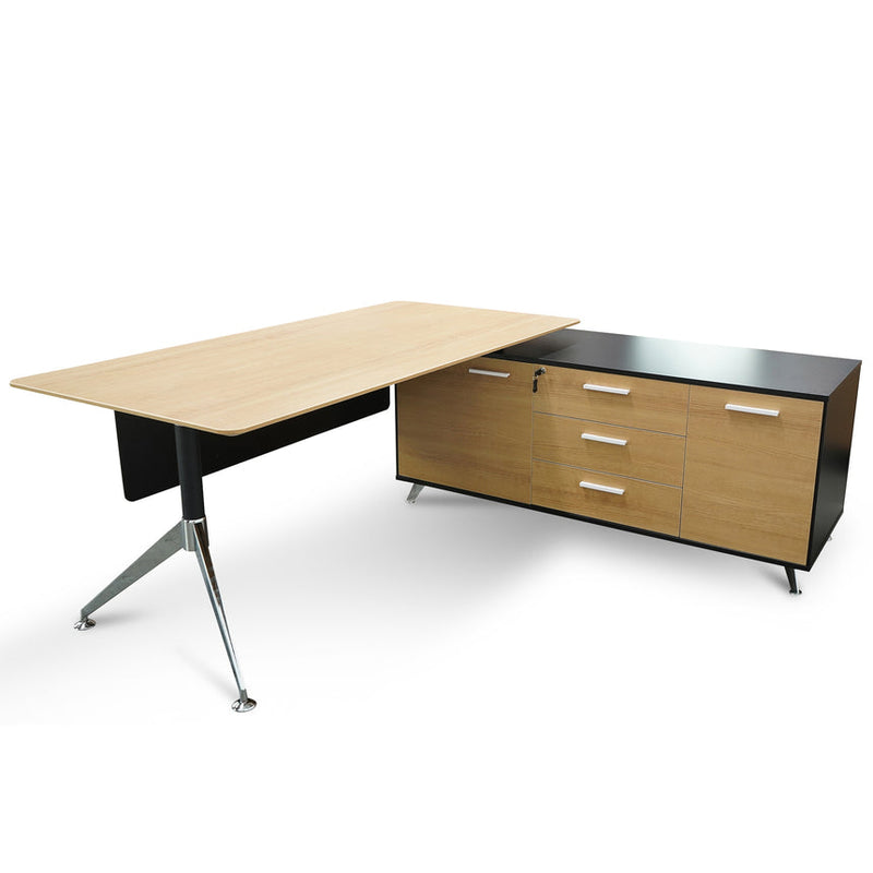 1.95m Executive Desk Right Return - Black Frame with Natural Top and Drawers