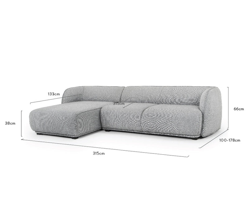 3 Seater Left Chaise Fabric Sofa - Light Texture Grey